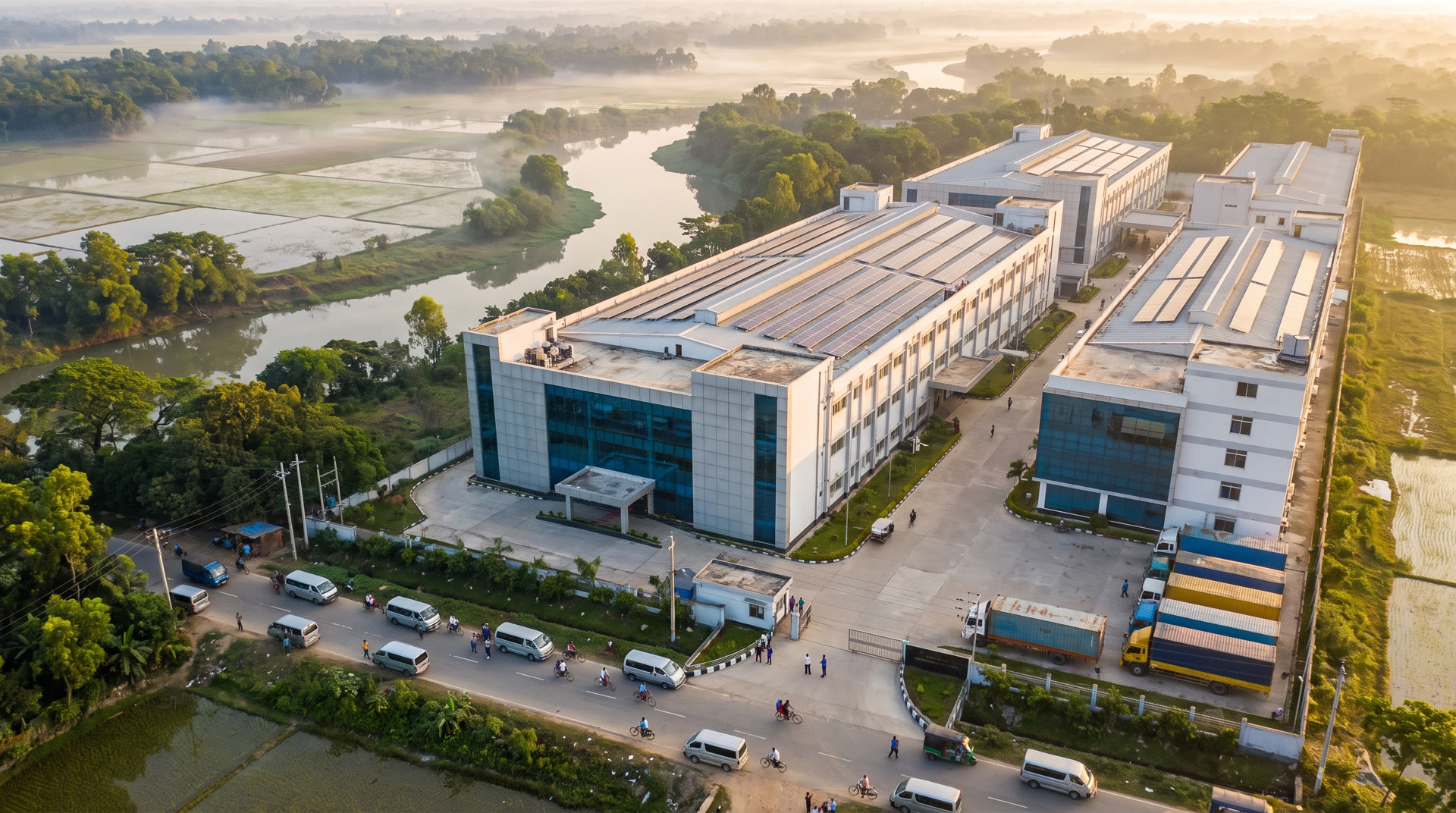 Aerial view of a garment factory campus in Dhaka at sunrise